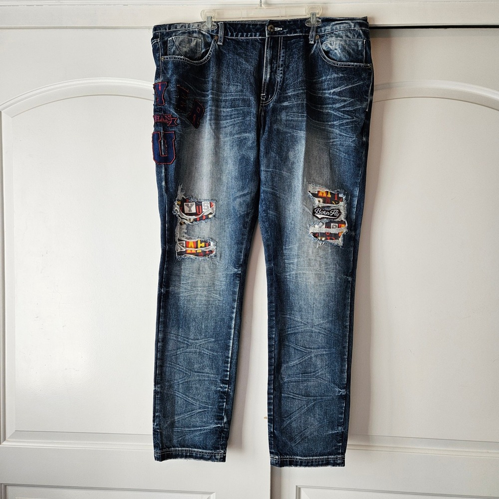 Born Fly Distressed Patchwork Jeans Blue‎ Denim Mens 42 Streetwear Grunge Art